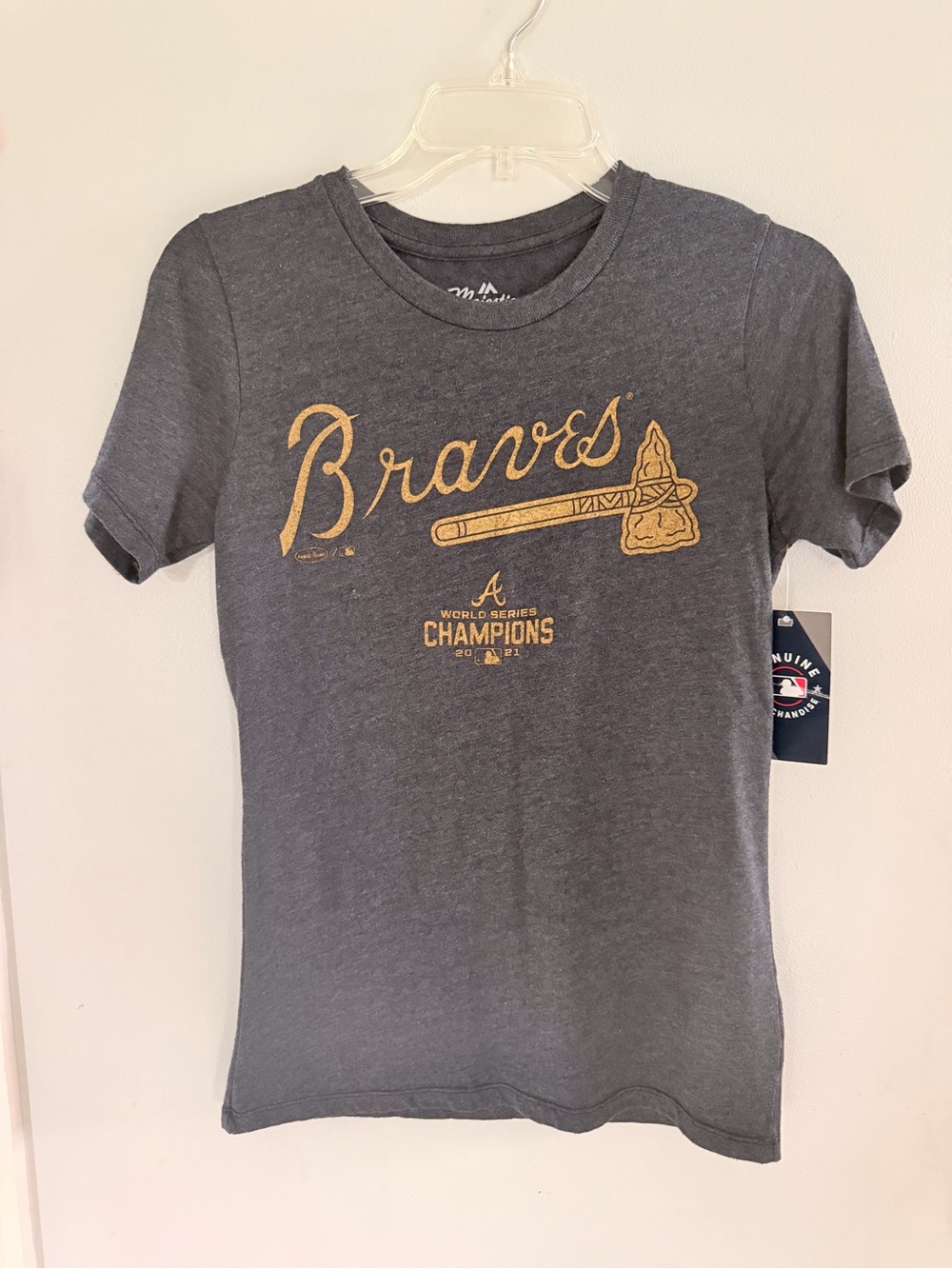 Atlanta Braves Womens Short Sleeve Tee in Denim Blue with Gold Logo